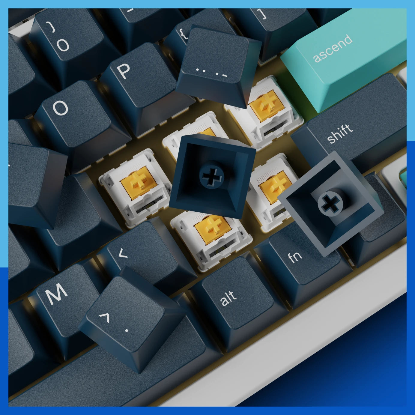 Close up of Celestial Fire keycaps with some flipped over to show the underside of the caps